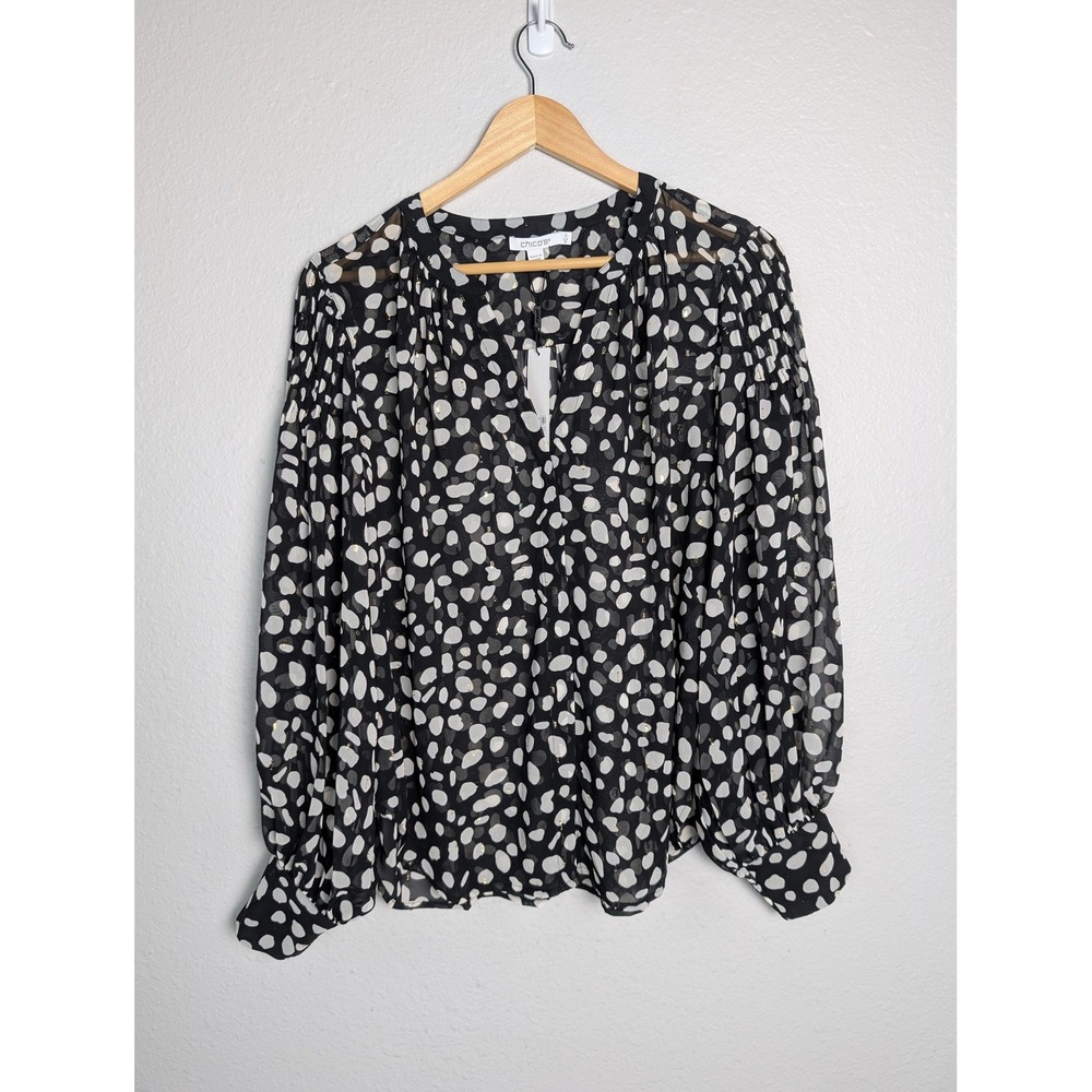 Chicos Blouse size L 12 Black Spectacular Spots Sheer Pintuck Long Sleeve Top
